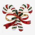 Monet Women's Christmas Candy Cane Pin - Red, Green, White, Gold Glass Brooch