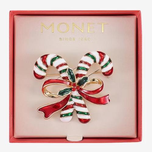 Monet Women's Christmas Candy Cane Pin - Red, Green, White, Gold Glass Brooch
