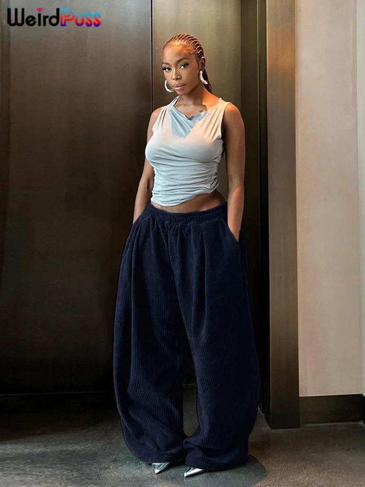 High Waist Corduroy Wide Leg Pants Women