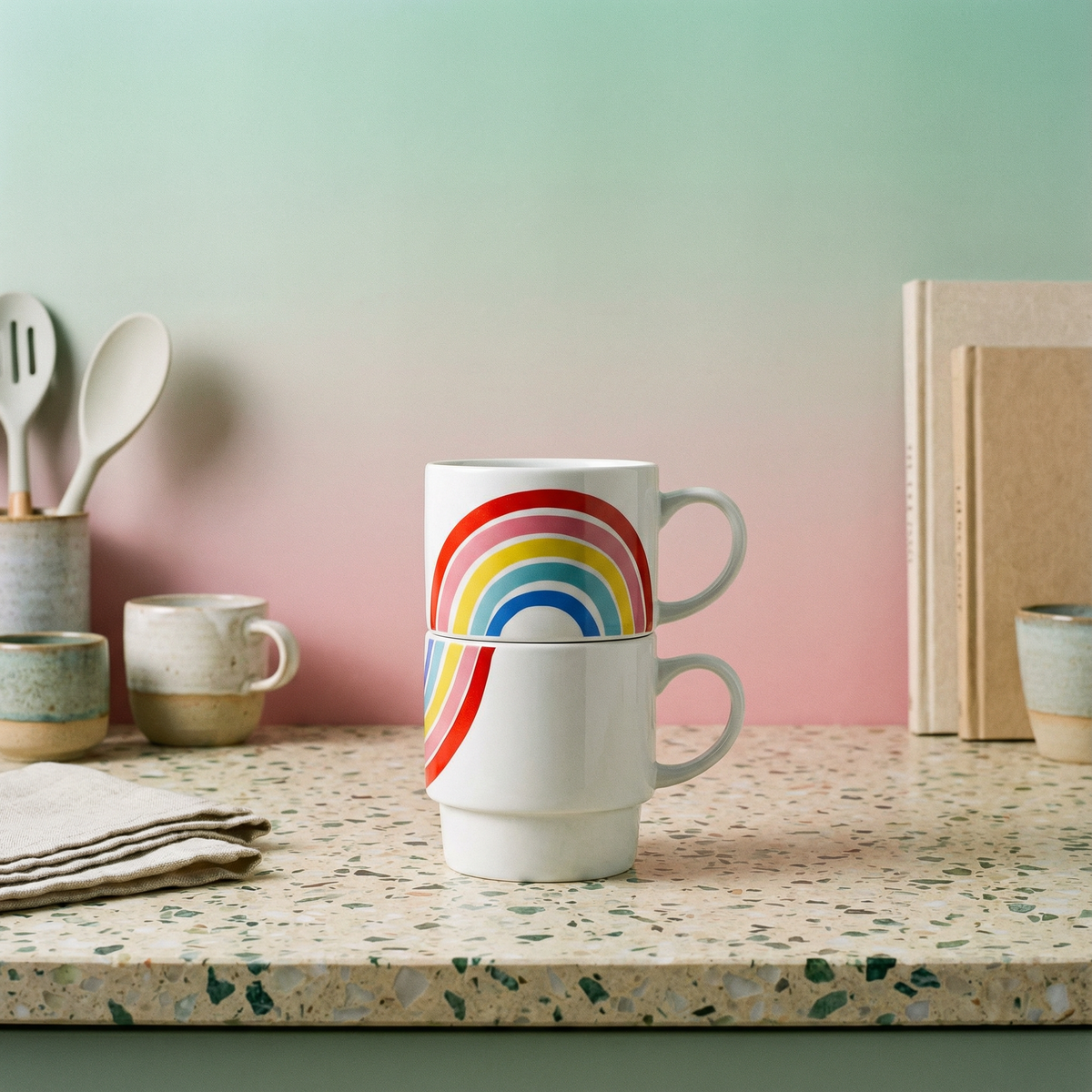 Set of 2 Rainbow Stacking Mugs | Ceramic Mug Set