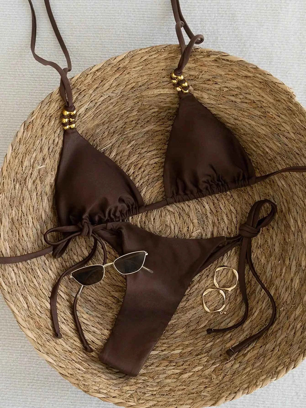 Brown Beaded Triangle Bikini Swimsuit Set