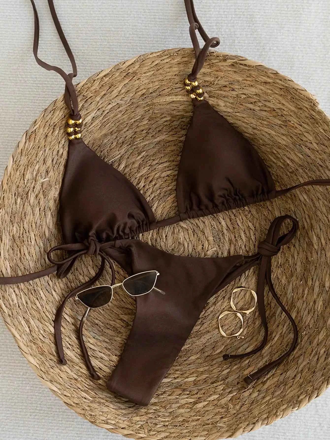 Brown Beaded Triangle Bikini Swimsuit Set
