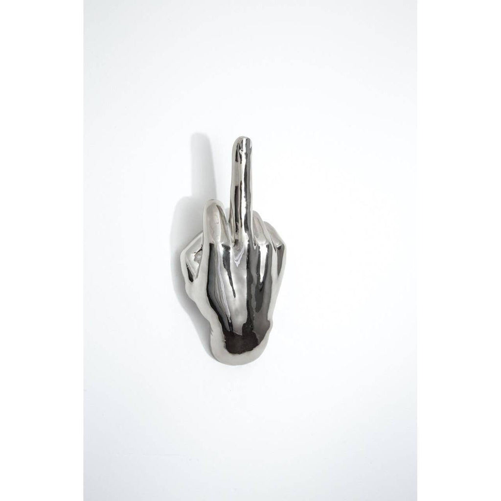 Silver Middle Finger Wall Mounted Hook | Modern Ceramic Statement Sculpture | 7" Tall