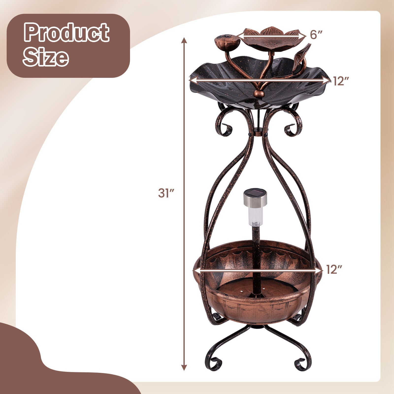 Solar Outdoor Bird Bath Feeder Combo with Flower Planter Pedestal and Solar Lights-Copper
