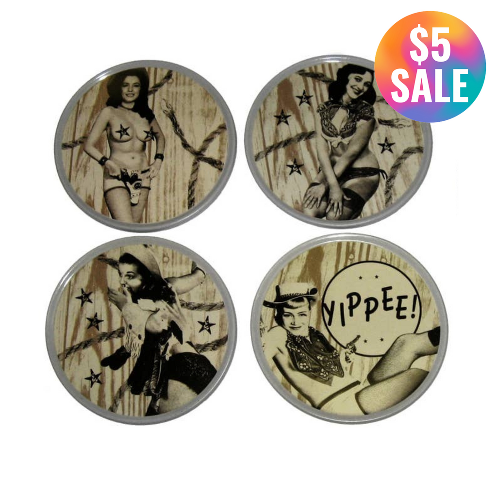 Sourpuss Nudie Coasters | Western Pin-Up Girls Set of Four | Metal & Cork Retro Round Drinkware with Tin