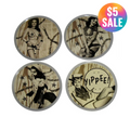 Sourpuss Nudie Coasters | Western Pin-Up Girls Set of Four | Metal & Cork Retro Round Drinkware with Tin