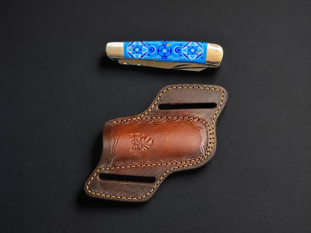 Titan "Zellige Tile" High Carbon Double-Blade Folding Knife — Turquoise Mosaic Resin Handle | Hand-Tooled Leather Belt Sheath TD-101