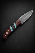 Hand-Forged Damascus Steel Drop Point Outdoor Utility Tool | Rosewood, Turquoise & Black Honeycomb Handle - TK-503