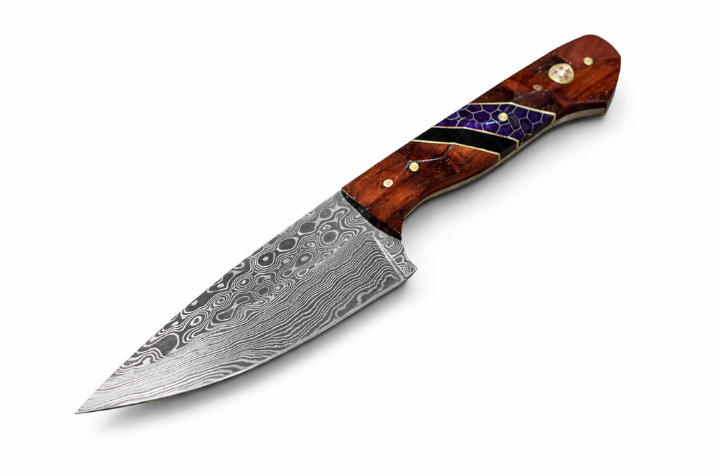Hand-Forged Damascus Steel Drop Point Outdoor Utility Tool | Rosewood, Black & Purple Honeycomb Handle TK-510