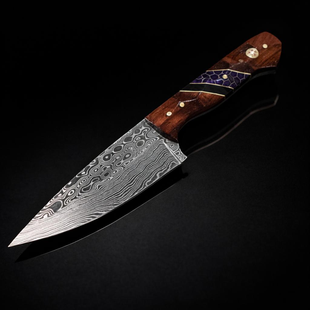 Hand-Forged Damascus Steel Drop Point Outdoor Utility Tool | Rosewood, Black & Purple Honeycomb Handle TK-510