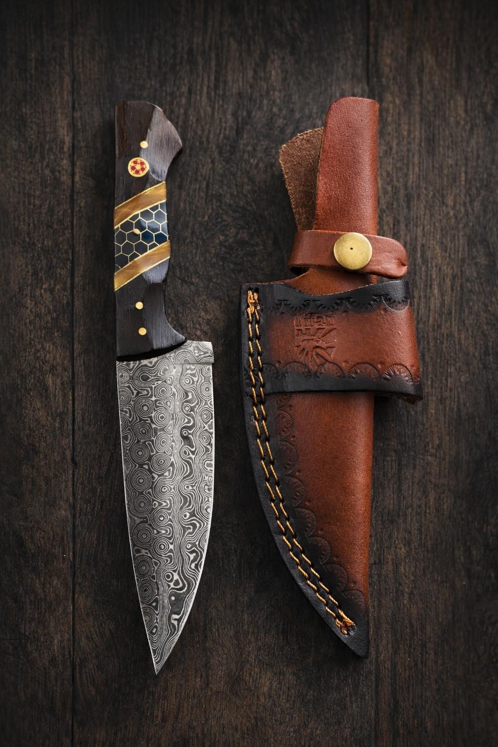 Hand-Forged Damascus Steel Drop Point Outdoor Knife | Diamond Wood, Black Honeycomb Resin Handle | Leather Sheath - TK-511