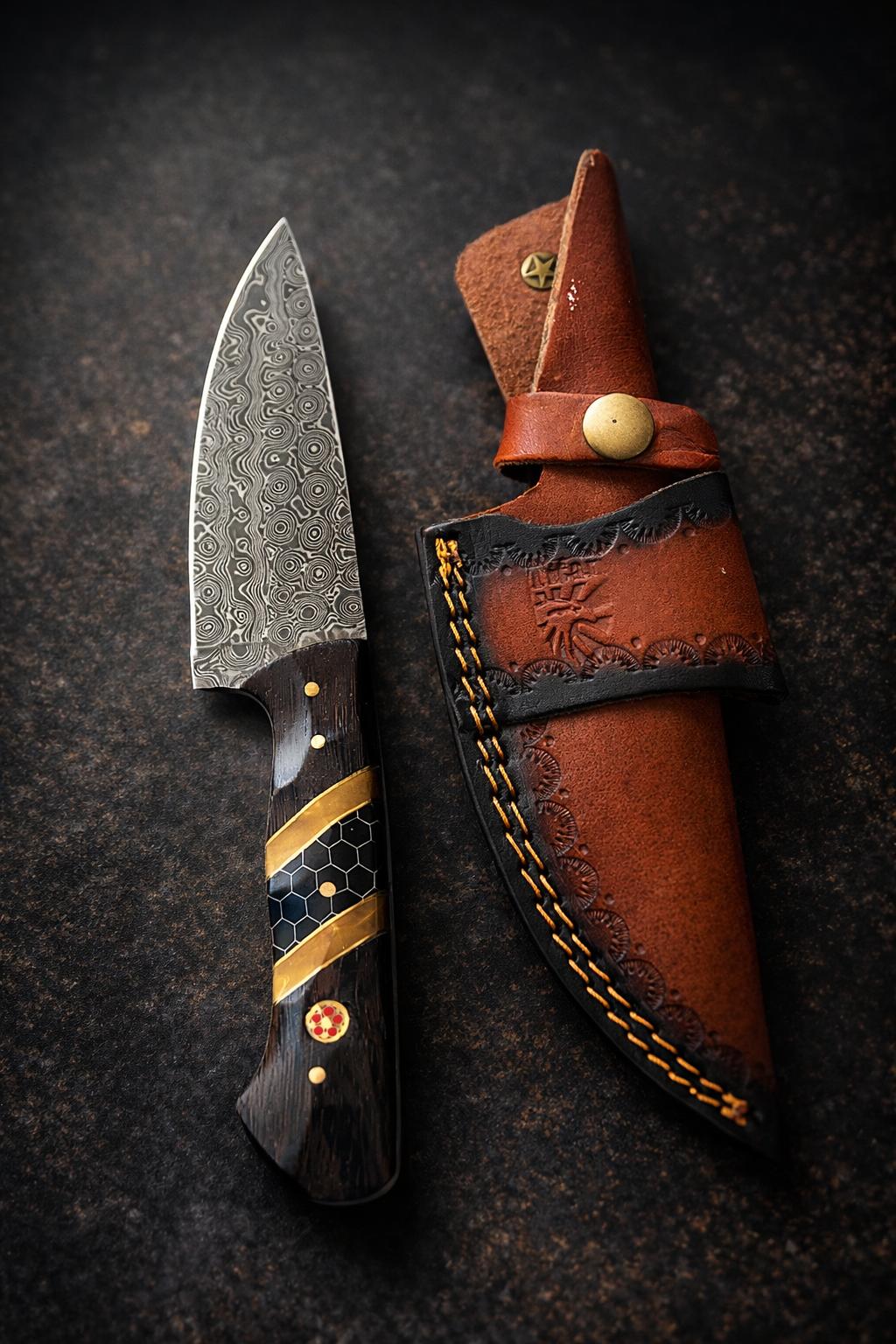 Hand-Forged Damascus Steel Drop Point Outdoor Knife | Diamond Wood, Black Honeycomb Resin Handle | Leather Sheath - TK-511