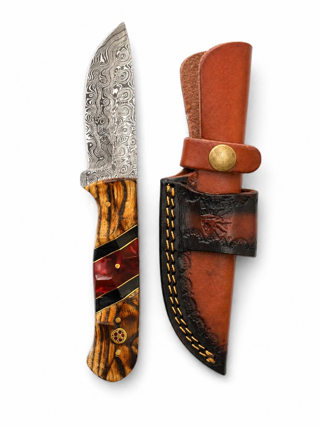 Hand-Forged Damascus Steel Drop Point Knife | Bocote Wood & Ruby Red Resin Handle | Leather Sheath TK-512