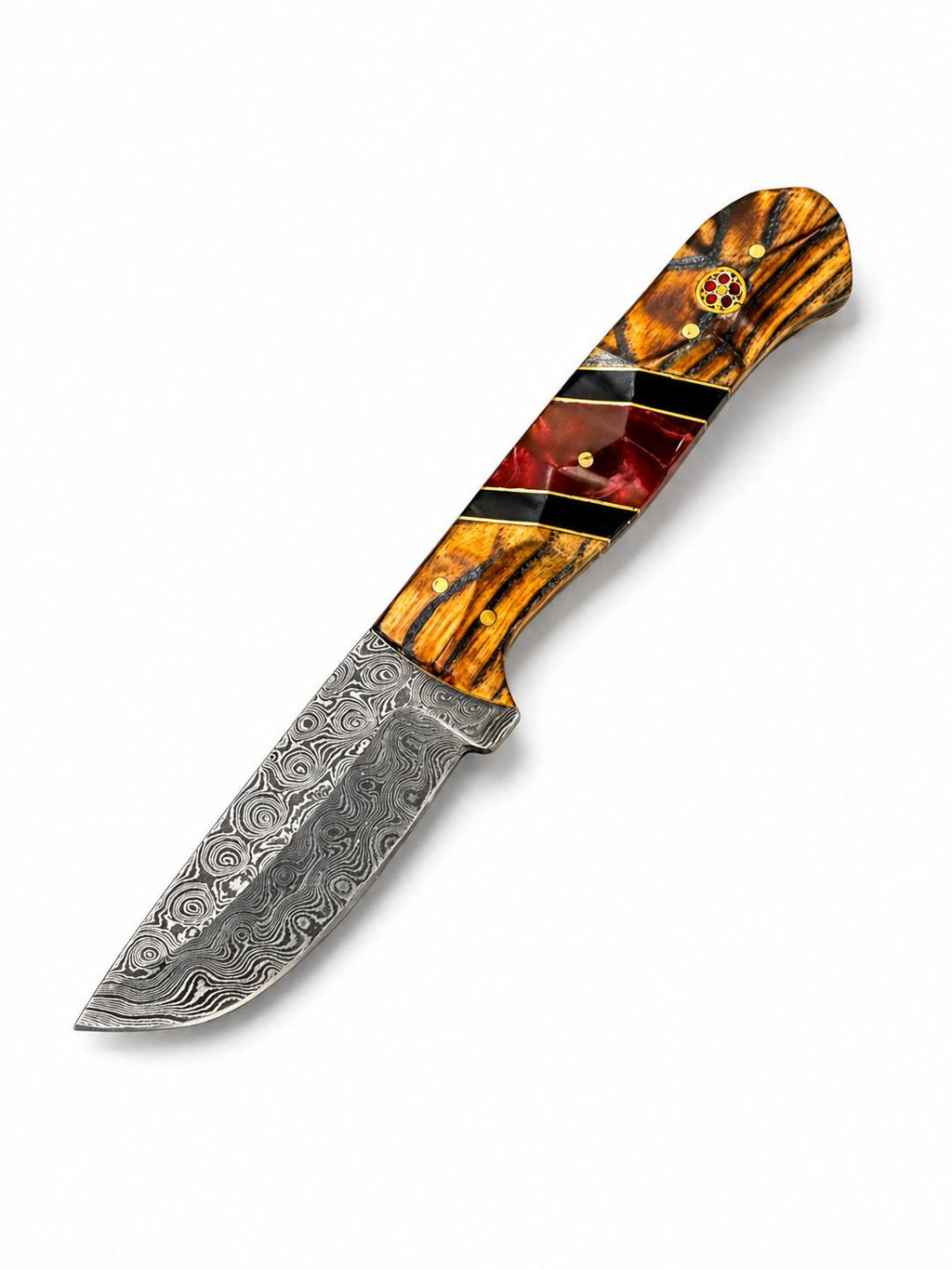 Hand-Forged Damascus Steel Drop Point Knife | Bocote Wood & Ruby Red Resin Handle | Leather Sheath TK-512