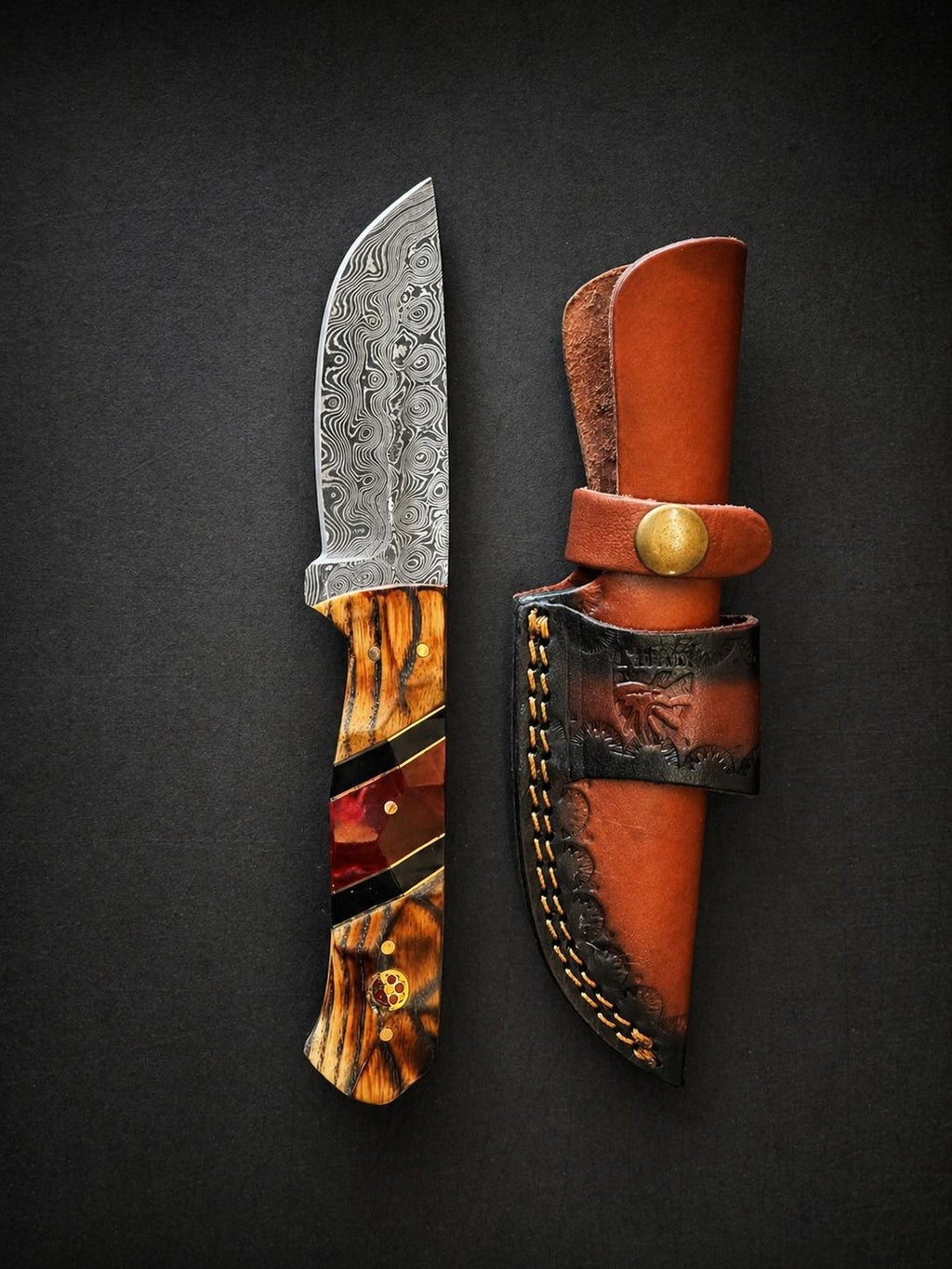 Hand-Forged Damascus Steel Drop Point Knife | Bocote Wood & Ruby Red Resin Handle | Leather Sheath TK-512