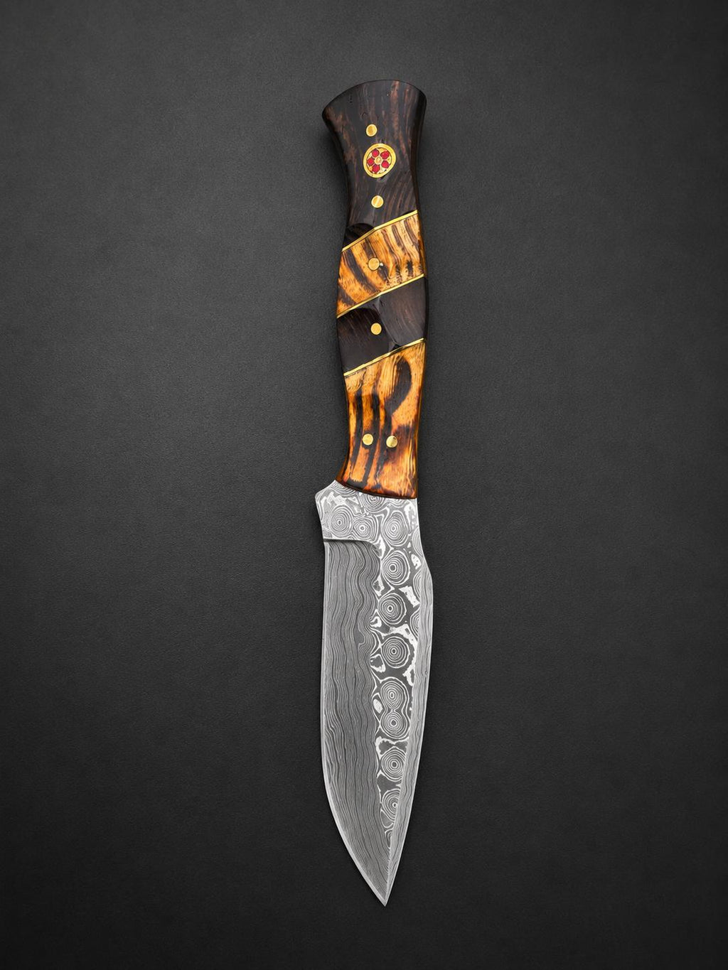 Titan "Tiger Run" Damascus Hunting Knife | Wenge & Tigerwood Segmented Handle | Two-Tone Hand-Tooled Leather Sheath TK-518