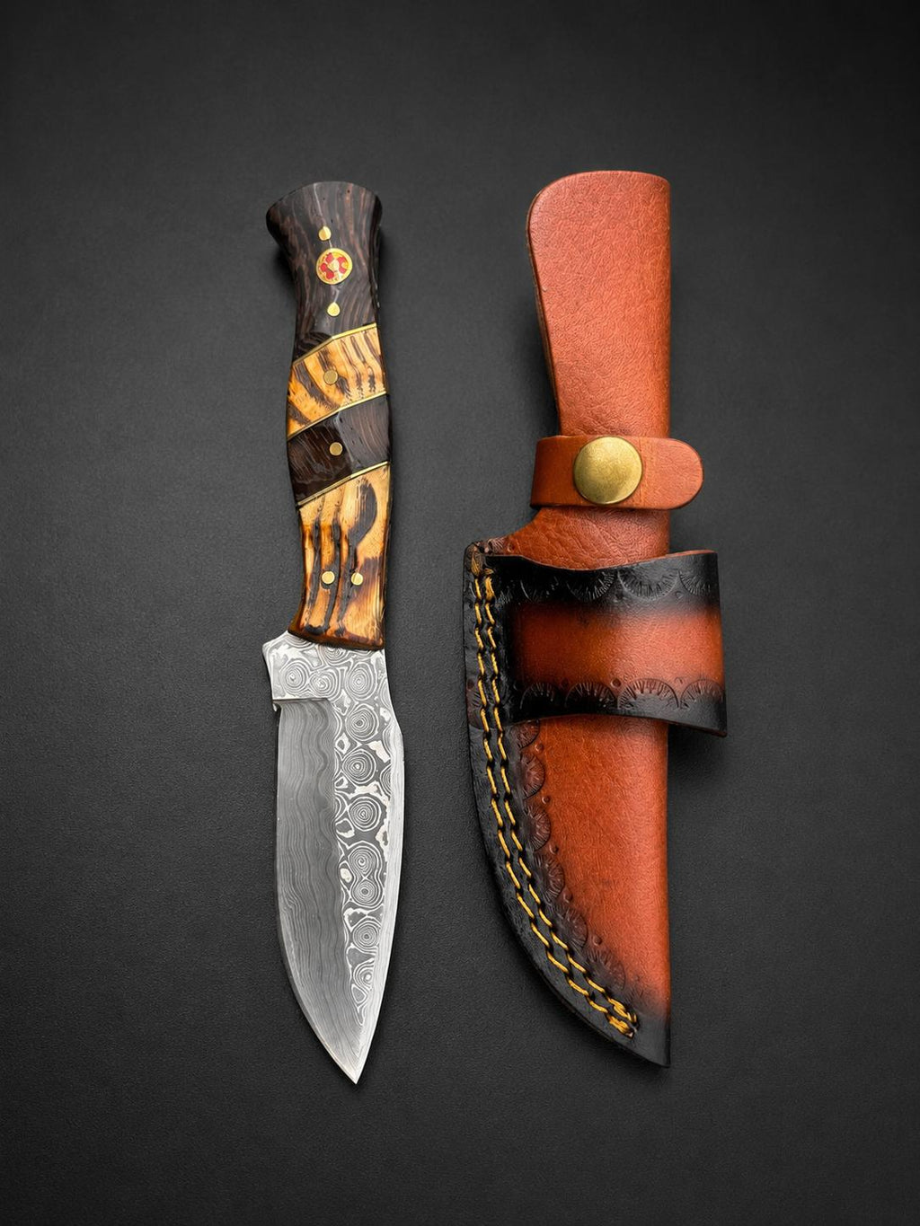 Titan "Tiger Run" Damascus Hunting Knife | Wenge & Tigerwood Segmented Handle | Two-Tone Hand-Tooled Leather Sheath TK-518