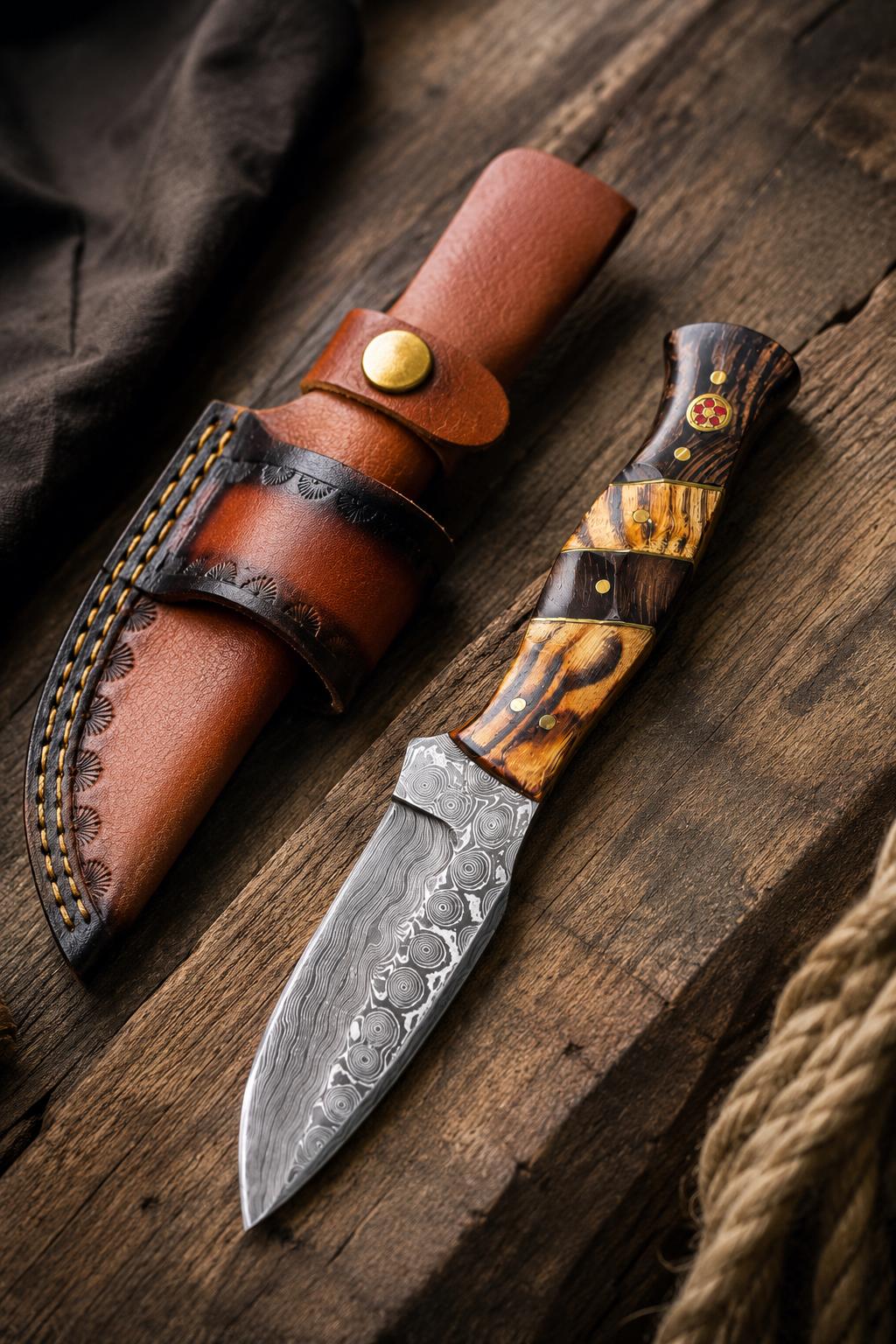 Titan "Tiger Run" Damascus Hunting Knife | Wenge & Tigerwood Segmented Handle | Two-Tone Hand-Tooled Leather Sheath TK-518
