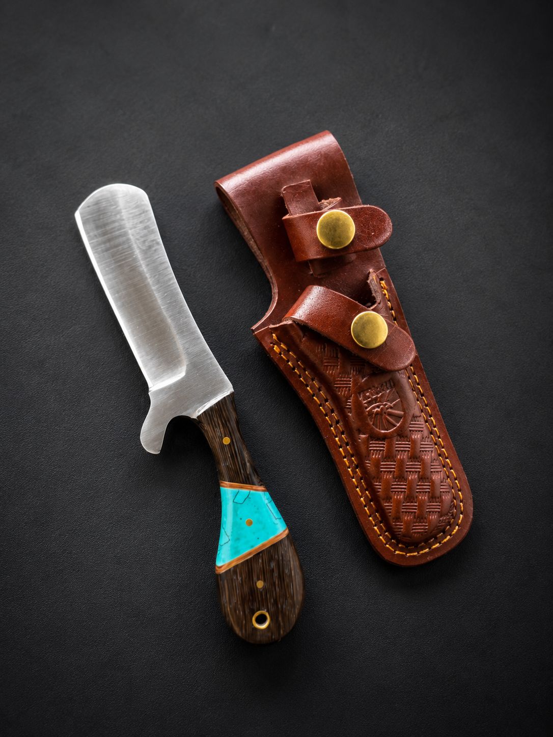 Titan "Malachite Range" Bull Cowboy Cutter | Sheepfoot High Carbon Steel | Turquoise Inlay Wenge & Malachite Handle | Engraved Western Leather Sheath TK-519