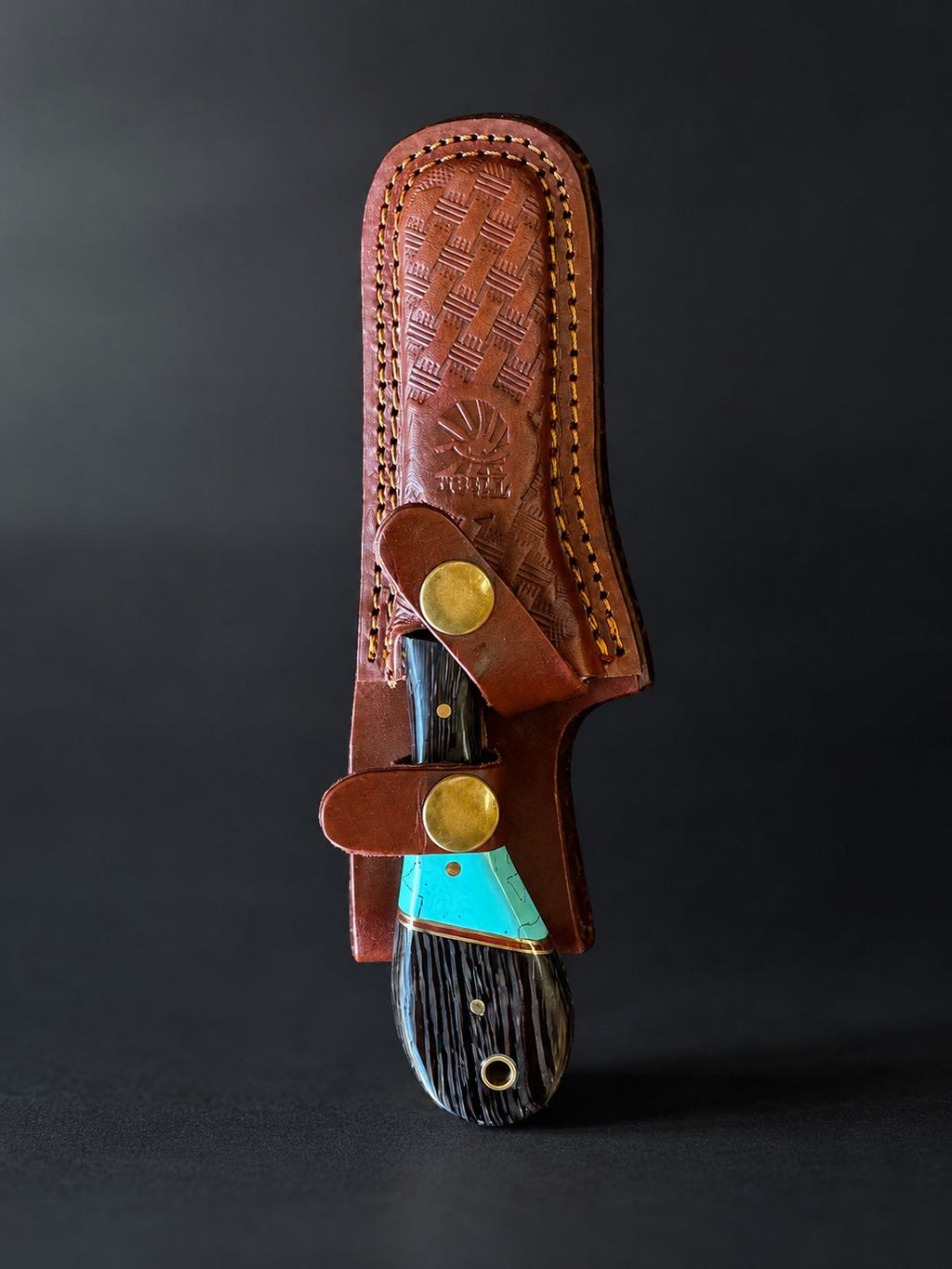 Titan "Malachite Range" Bull Cowboy Cutter | Sheepfoot Damascus Steel | Turquoise Inlay Wenge & Malachite Handle | Engraved Western Leather Sheath TK-524