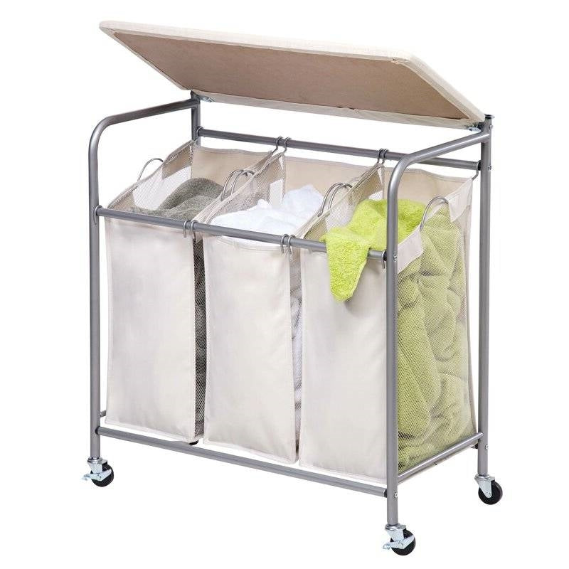 3 Section Wheeled Laundry Sorter Cart with Lift Top Folding Ironing Board