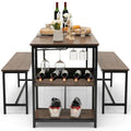 Modern Industrial 3-Piece Metal Wood Dining Set with 2 Benches and Wine Rack