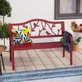 Red Steel Frame Outdoor Patio Garden Bench with Bird Branch Pattern Backrest