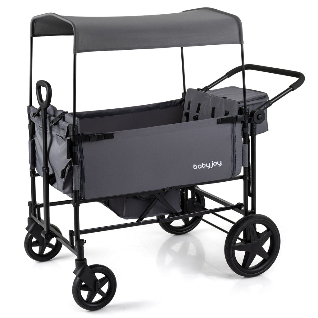 Foldable Wagon Stroller for 4 Kids with Removable Canopy and Adjustable Push