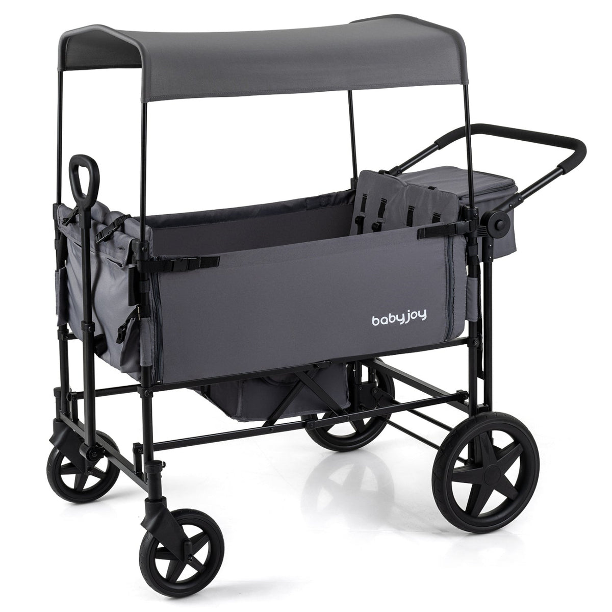 Foldable Wagon Stroller for 4 Kids with Removable Canopy and Adjustable Push
