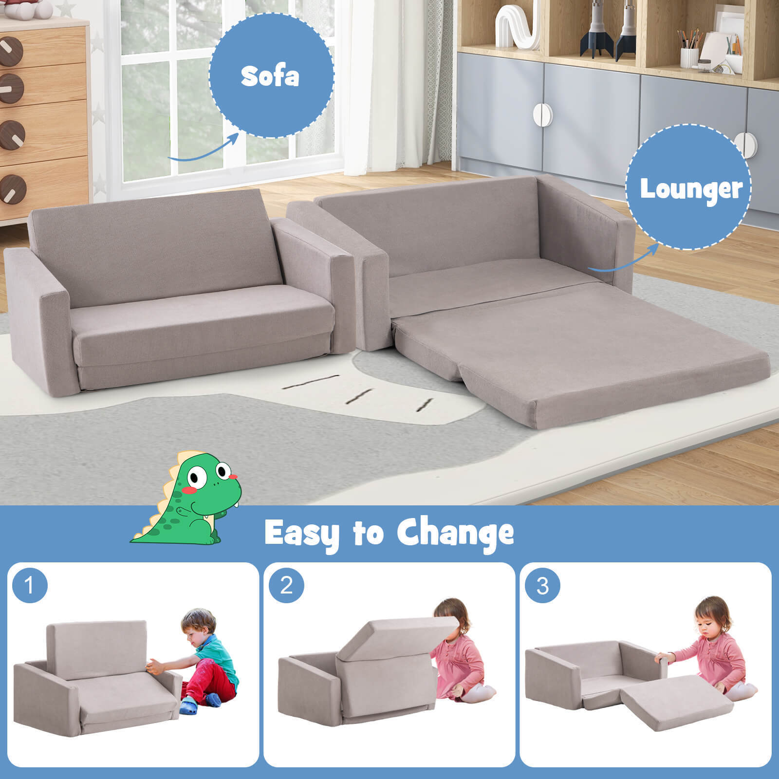 2-in-1 Children’s Convertible Sofa to Lounger-L