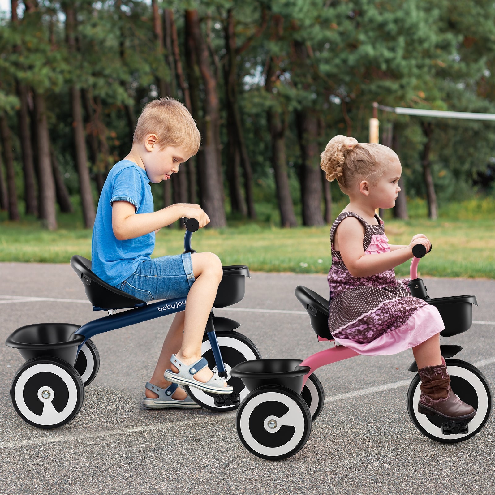 Toddler Tricycle with Adjustable Seat and Storage Baskets for 1.5-5 Years Old-Navy