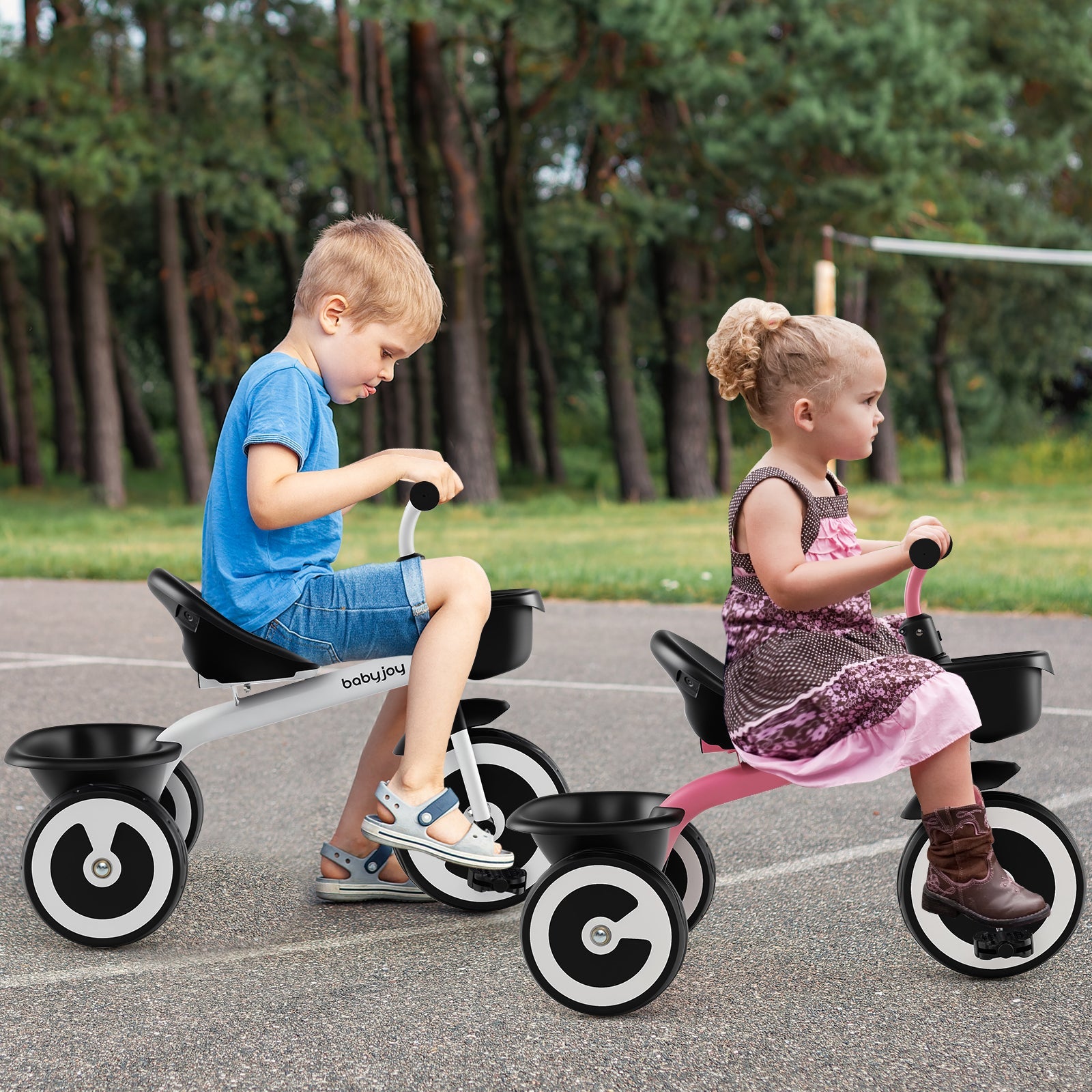 Toddler Tricycle with Adjustable Seat and Storage Baskets for 1.5-5 Years Old-White