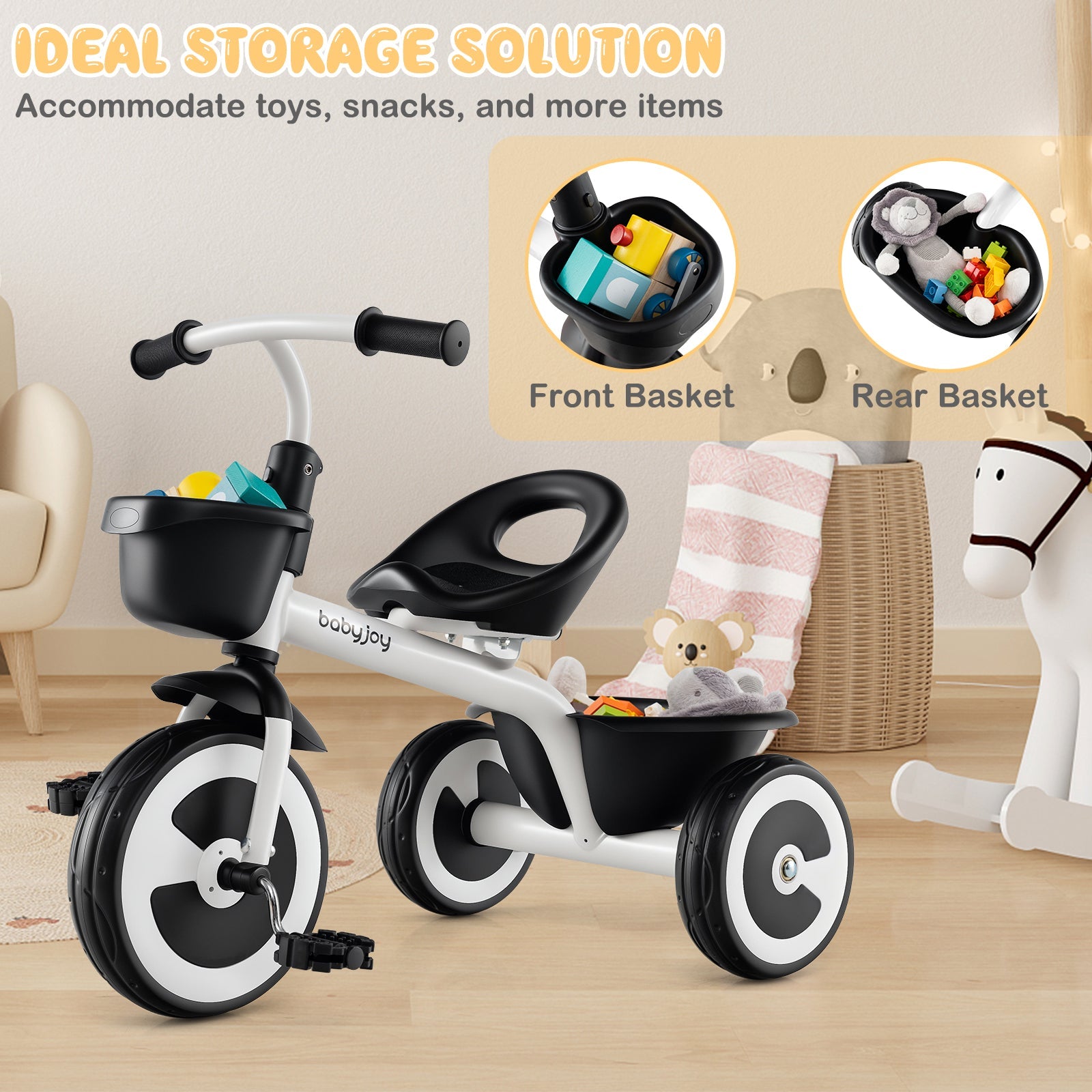 Toddler Tricycle with Adjustable Seat and Storage Baskets for 1.5-5 Years Old-White