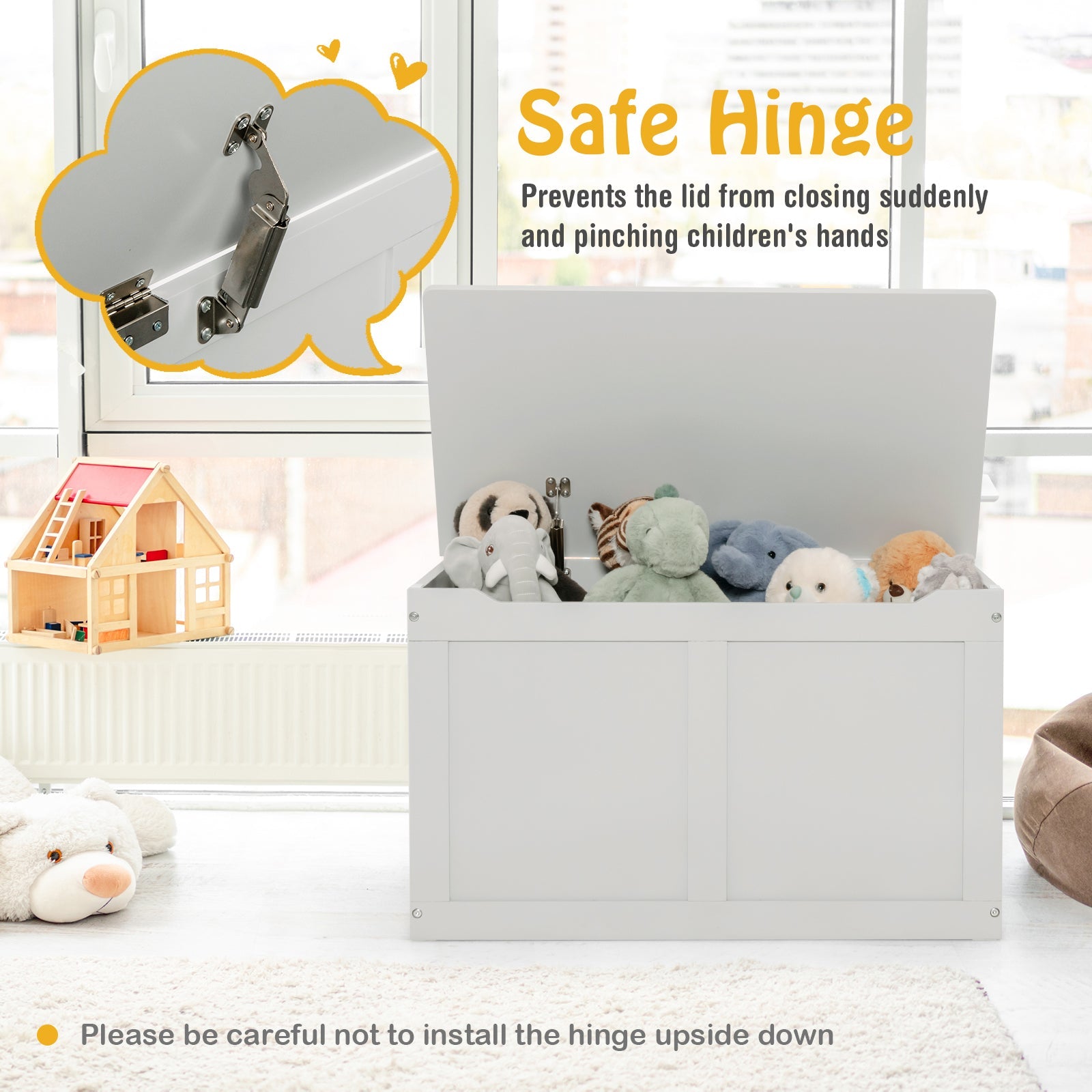 Safety Hinge Wooden Chest Organizer Toy Storage Box-Gray