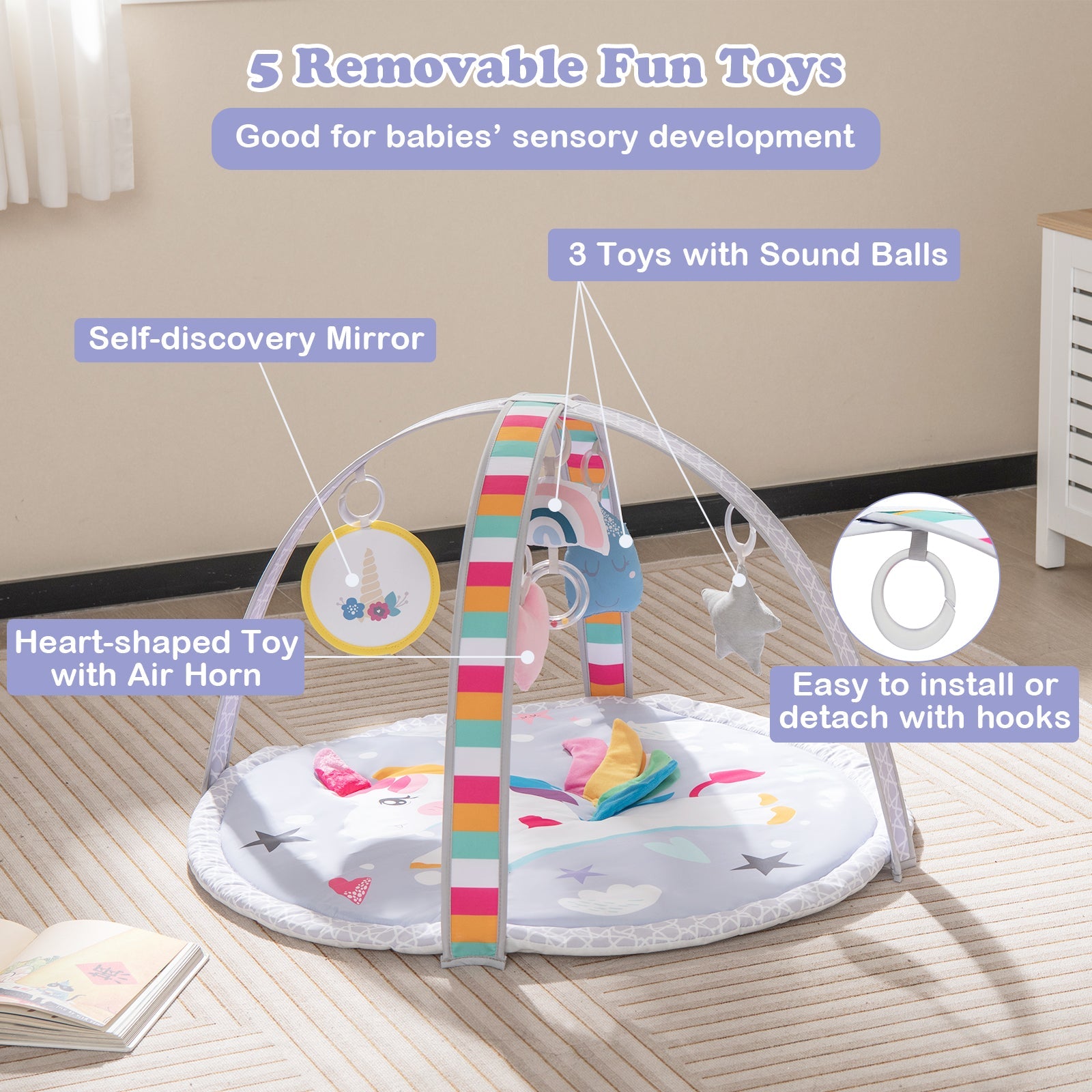 Baby Play Gym Mat 7-in-1 Tummy Time Activity Mat with 5 Detachable Toys-Multicolor