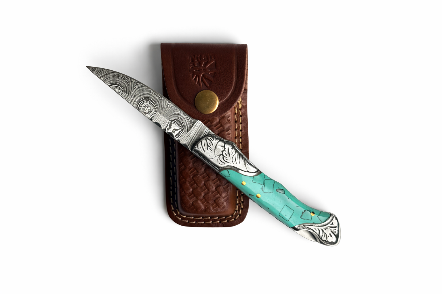 Titan Turquoise Crest Damascus Folding Knife - TF-080