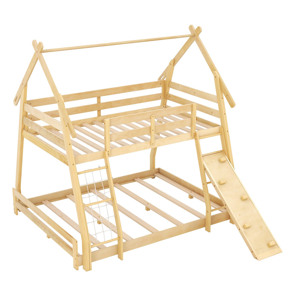 Twin Over Queen Bunk Bed Wooden Kids Bed with Climbing Nets and Ramp-Natural
