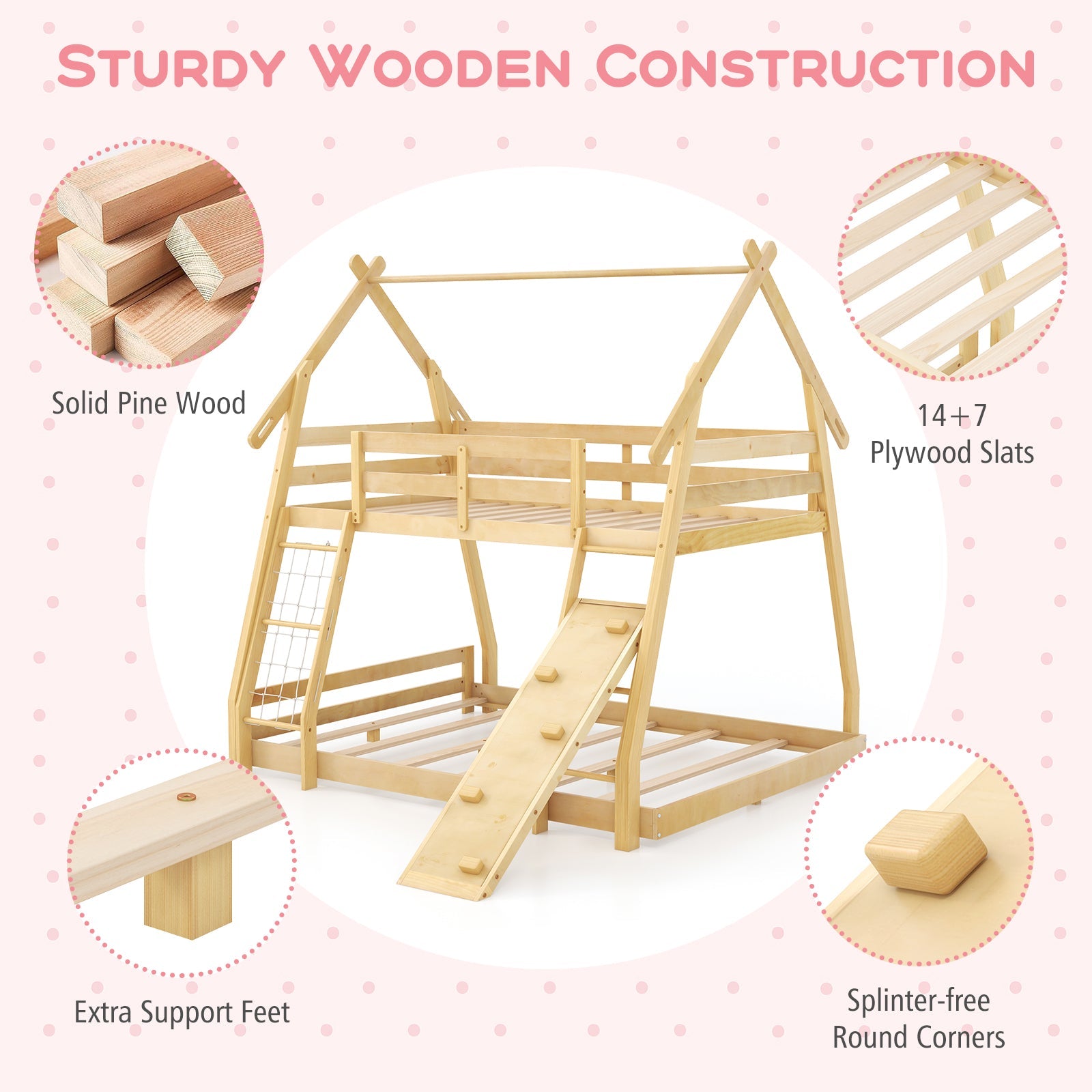 Twin Over Queen Bunk Bed Wooden Kids Bed with Climbing Nets and Ramp-Natural