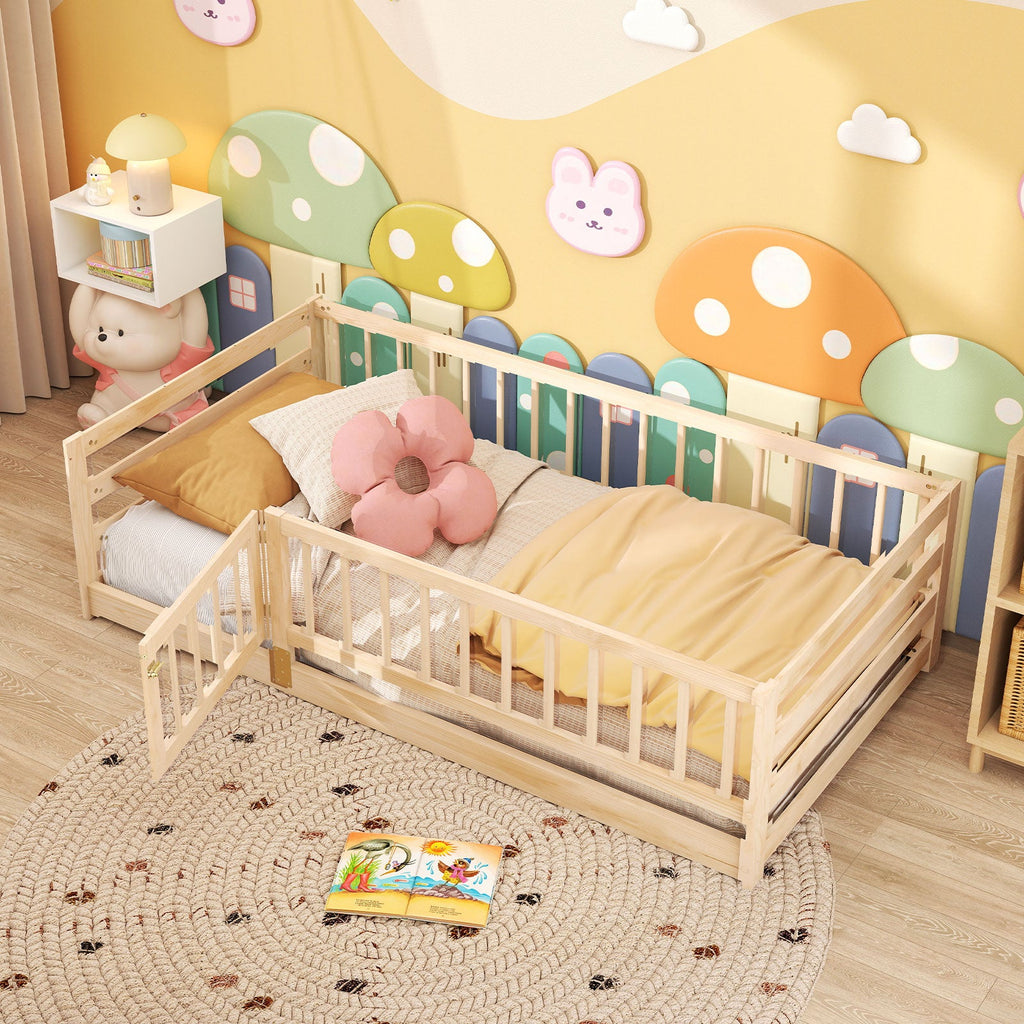 Twin Size Floor Bed with High Fence and Door Playhouse for Kids-Natural