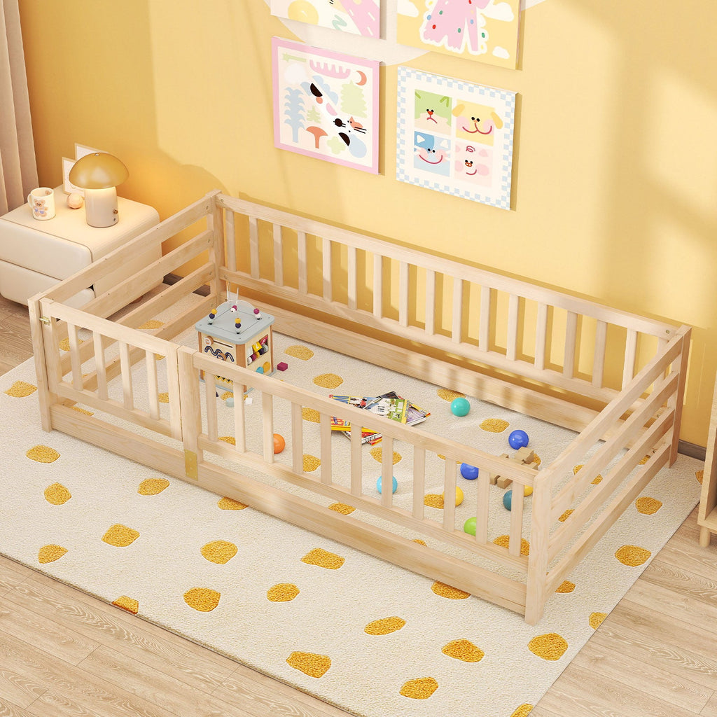 Twin Size Floor Bed with High Fence and Door Playhouse for Kids-Natural