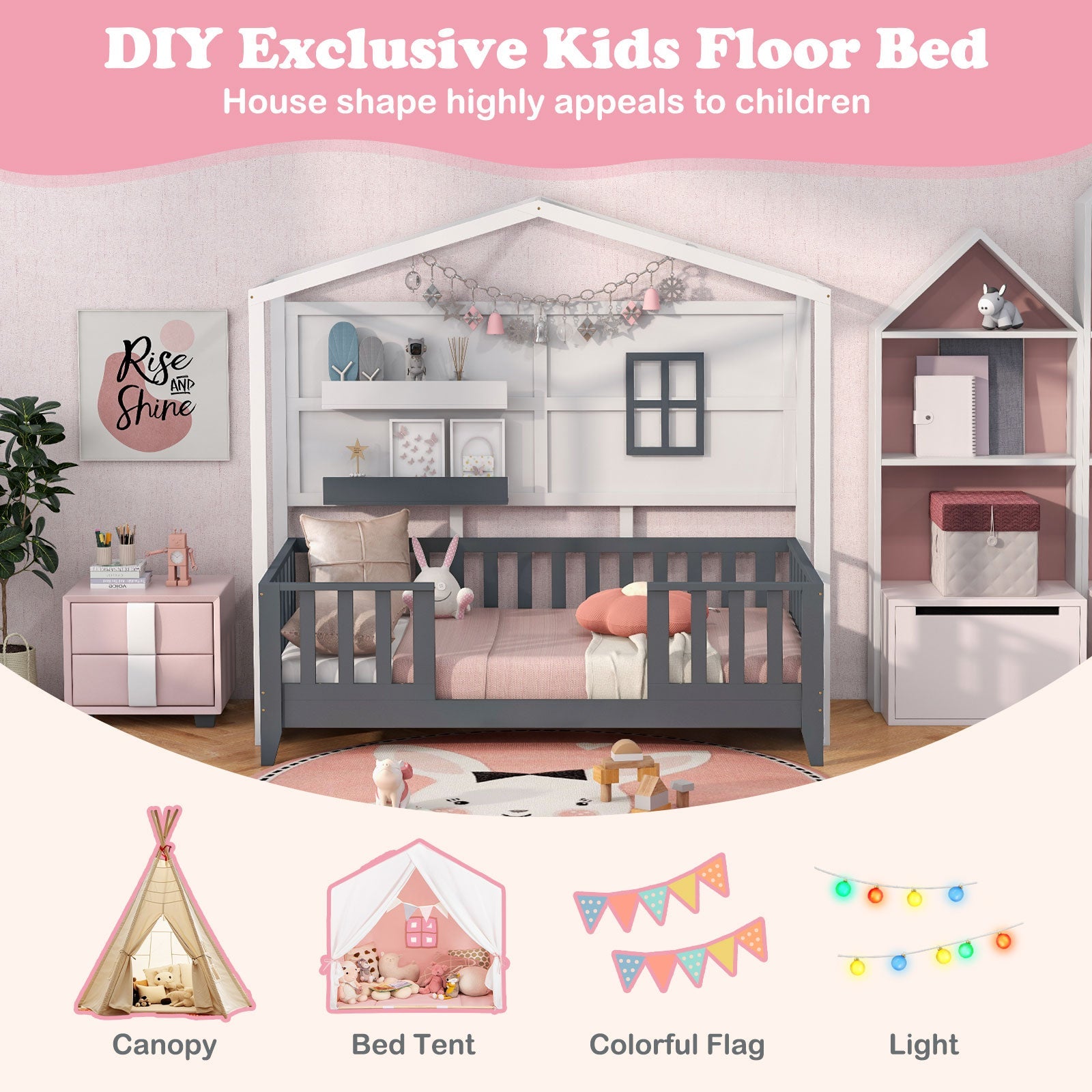 Twin Wood House Bed Montessori Floor Bed with 2 Shelves and Guardrails-Gray & White
