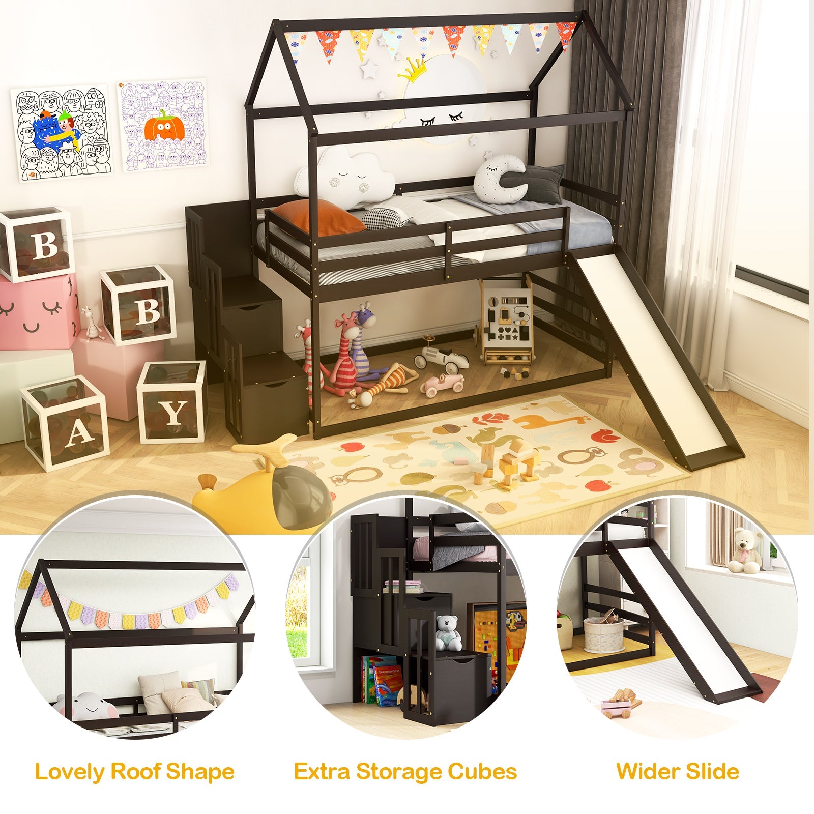 Twin over Twin Bunk Bed with Slide and 2-Step Storage Staircase-Espresso