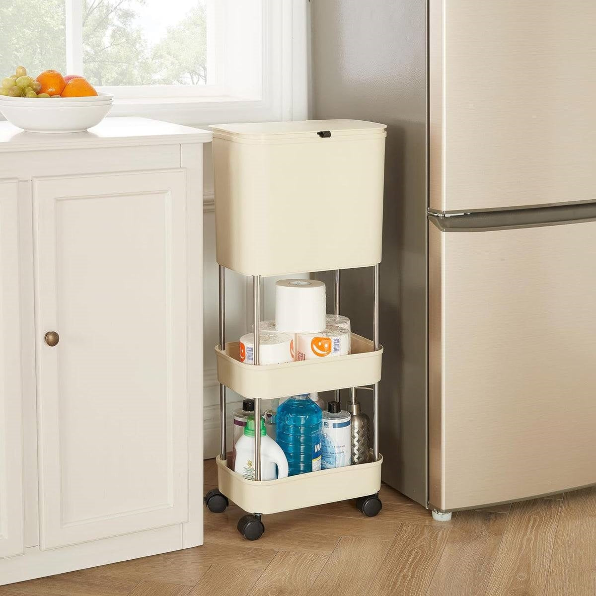 5 Gallon Mobile Elevated Kitchen Trash Can with Lid in Cream with Wheels