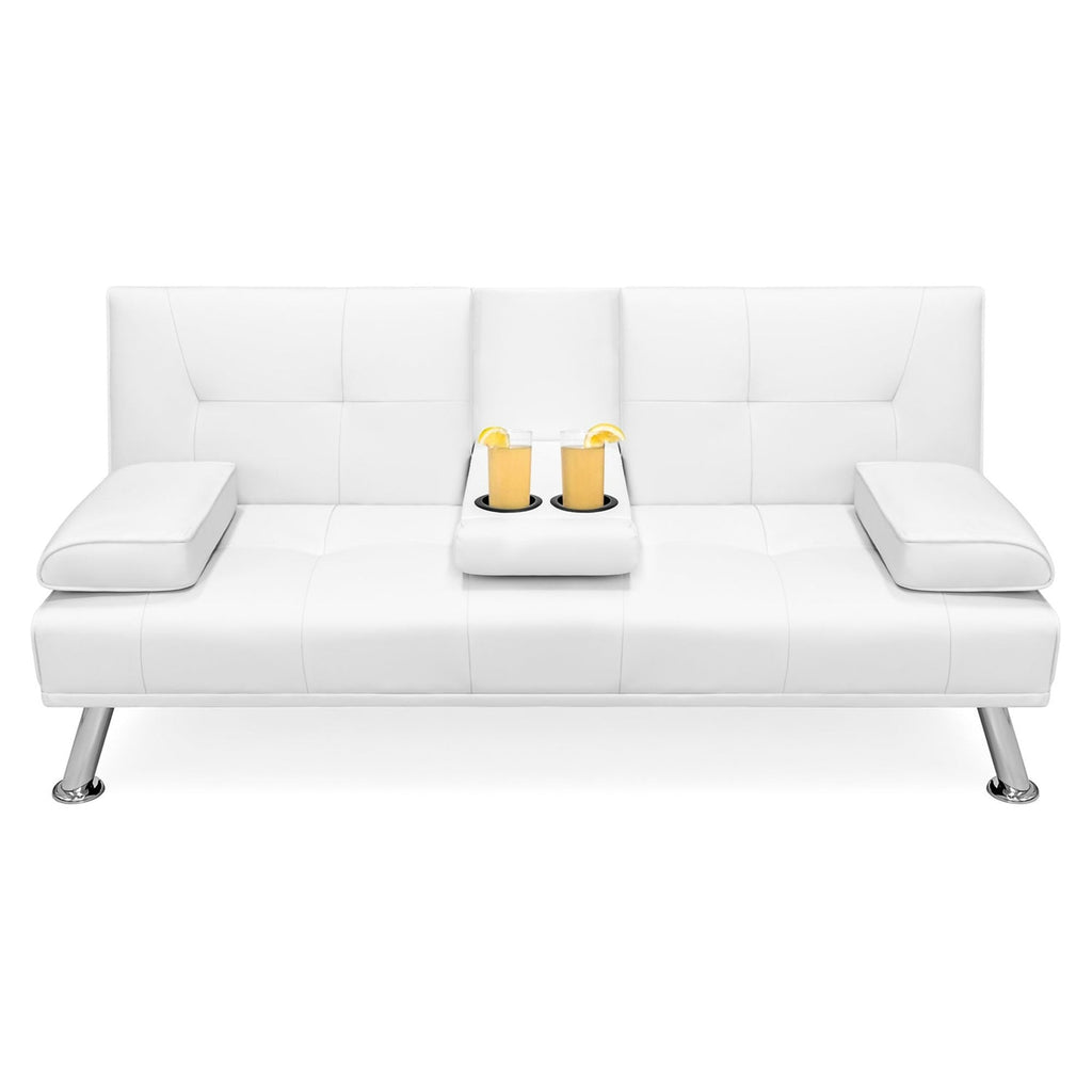 White Faux Leather Convertible Sofa Futon with 2 Cup Holders