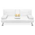White Faux Leather Convertible Sofa Futon with 2 Cup Holders