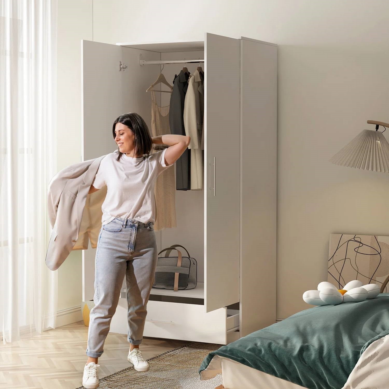 Modern Armoire Wardrobe Closet Cabinet with Storage Drawer in White Wood Finish