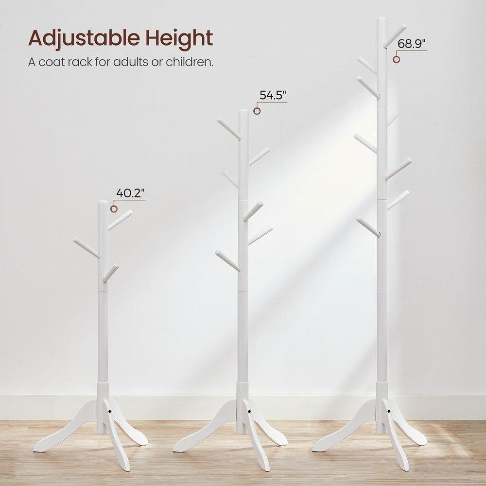 Modern Solid Wood Coat Rack in White Finish with 8 Hooks