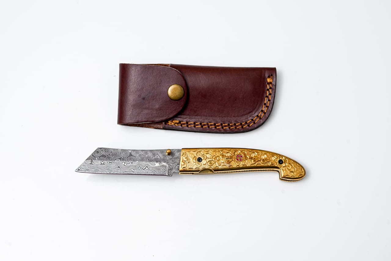 B. Titan Golden Eagle Pocket Knife - Raindrop Damascus folding blade/ EDC/ Hand engraved TF-087