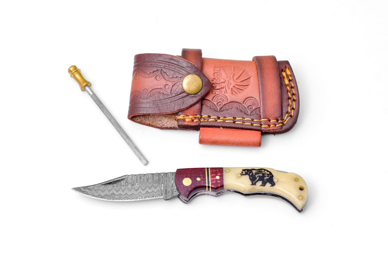 Bear Engraved Damascus Folding Knife with Leather Sheath - TF-089