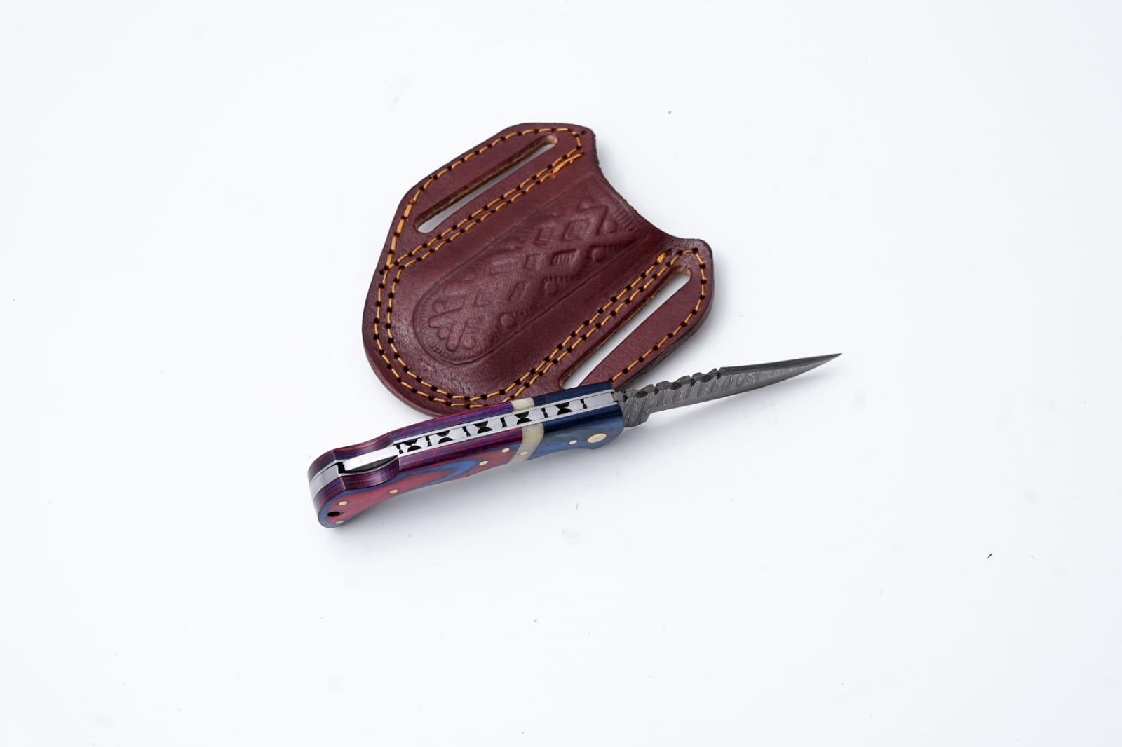Patriot Series Damascus Folding Knife – Red & Blue Handle with Leather Sheath -TF-097